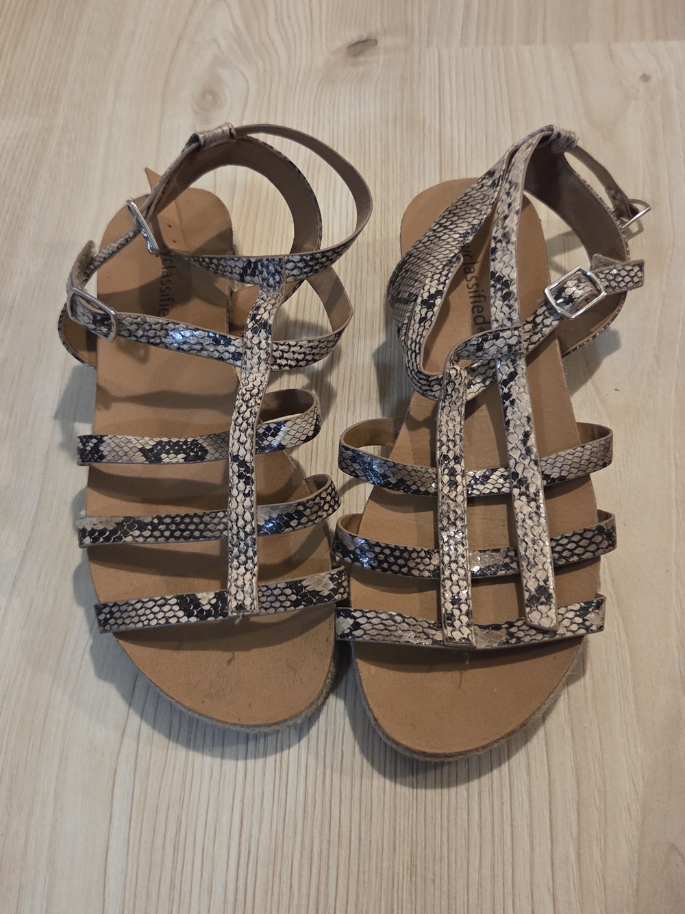 Women’s Strappy Snake-Print Sandals in Neutral Beige